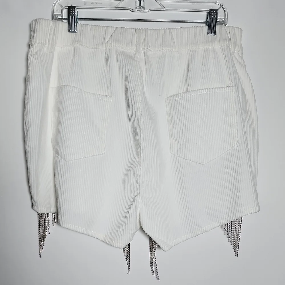 SAVANNA JANE Off White Rhinestone Fringe Ribbed Shorts - Picture 2 of 6